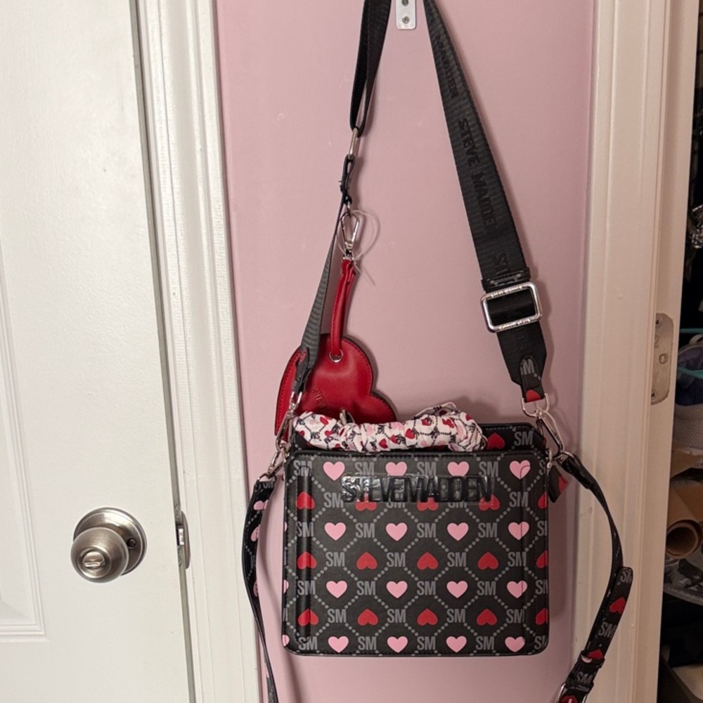 Steve Madden Black Crossbody Bag with Pink Heart Print